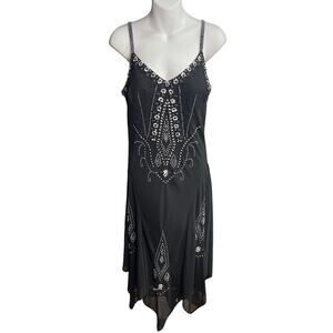 Y2K R&M Richards Black Beaded Handkerchief Hem Sleeveless Dress Sz 12 Goth Fairy